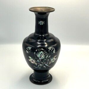 Vintage Brass Vase Black Lacquer w/ Mother of Pearl Inlay Floral Asian 9" H